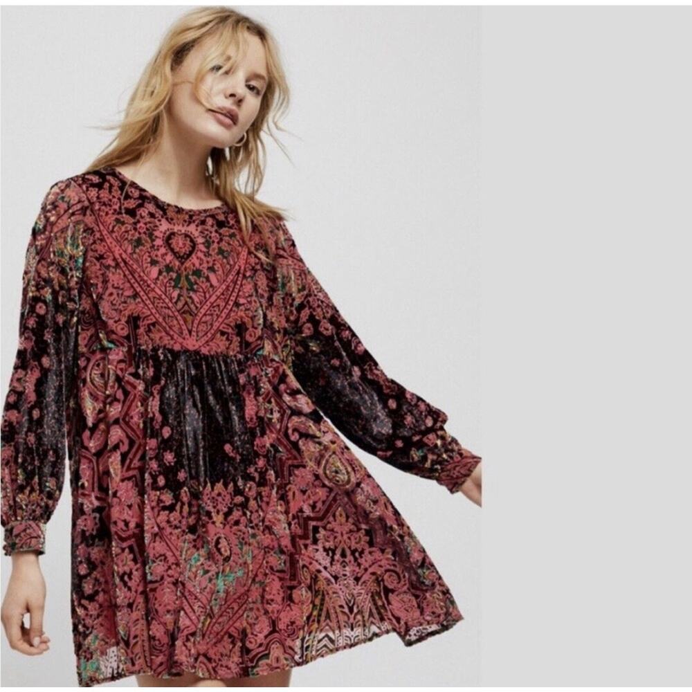 Free People Mirror Mirror Velvet Mini Babydoll Dress Women’s Size Small